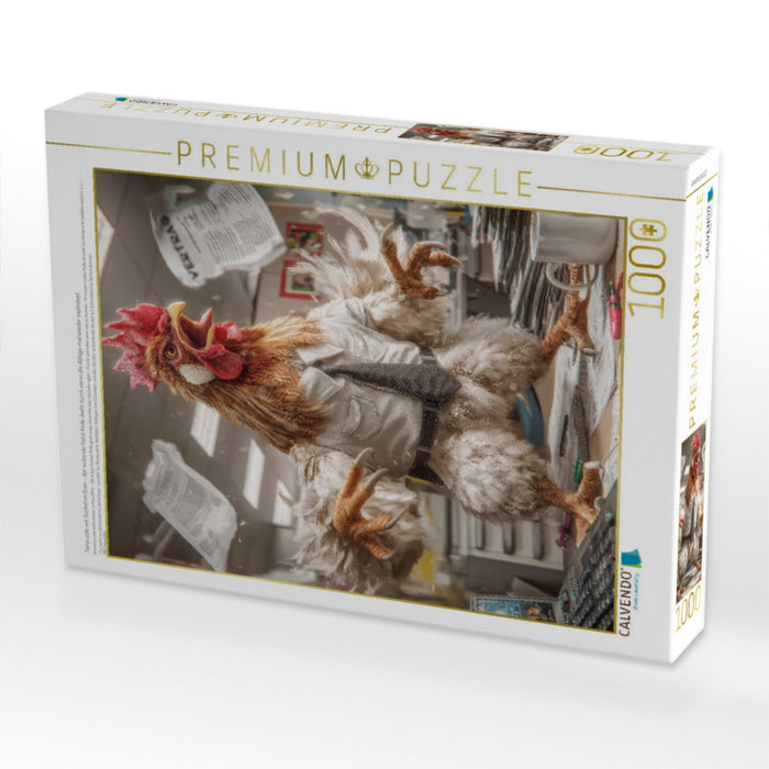 Tierpuzzle mit Gockel im Büro - der wütende Hahn Kolle dreht durch wenn die Ablage mal wieder explodiert - CALVENDO Foto-Puzzle'