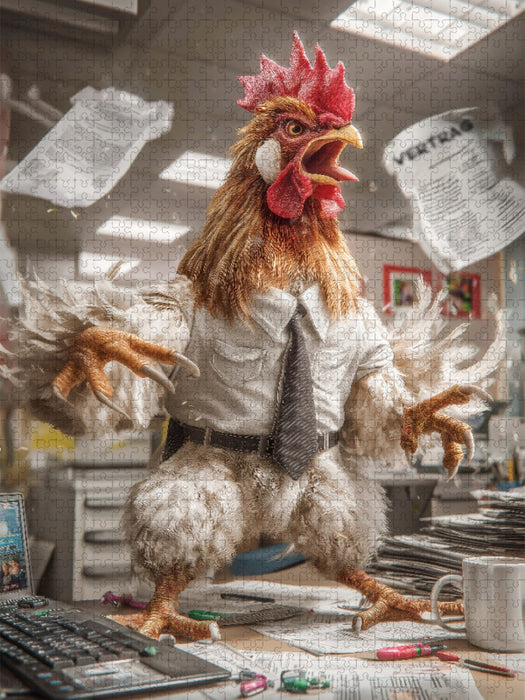 Tierpuzzle mit Gockel im Büro - der wütende Hahn Kolle dreht durch wenn die Ablage mal wieder explodiert - CALVENDO Foto-Puzzle'
