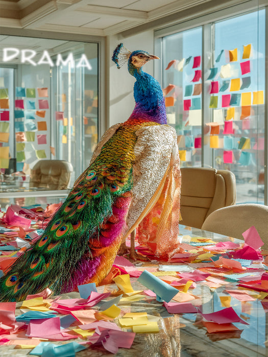 Tierpuzzle mit Pfau in einem Büro - die Dramaqueen unter den Federtieren sorgt für buntes Chaos - CALVENDO Foto-Puzzle'