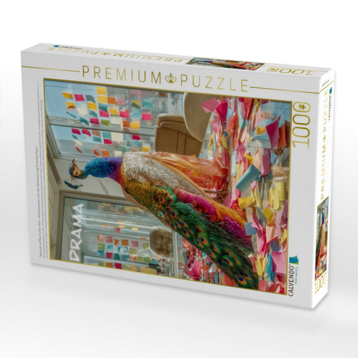 Tierpuzzle mit Pfau in einem Büro - die Dramaqueen unter den Federtieren sorgt für buntes Chaos - CALVENDO Foto-Puzzle'