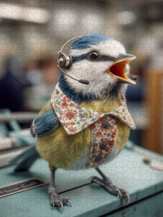 Eine bunt gefiederte Meise mit Bluse und Headset steht auf einem Schreibtisch und wirkt wie eine telefonierende Sekretärin - CALVENDO Foto-Puzzle'