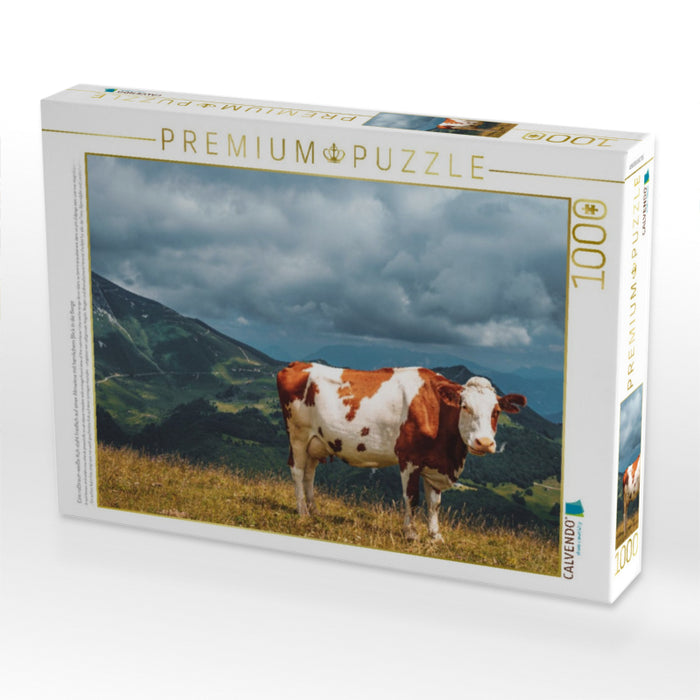 Eine rotbraun-weiße Kuh steht friedlich auf einer Almwiese mit herrlichem Blick in die Berge - CALVENDO Foto-Puzzle'