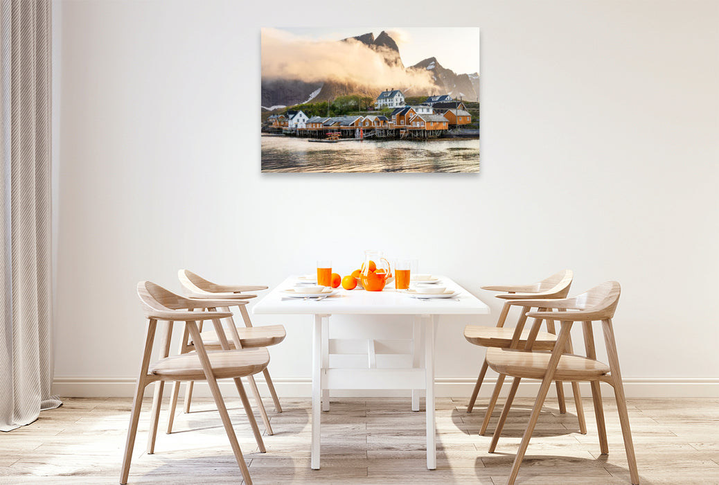 Premium Textil-Leinwand Wolken über Sakrisøy, Lofoten