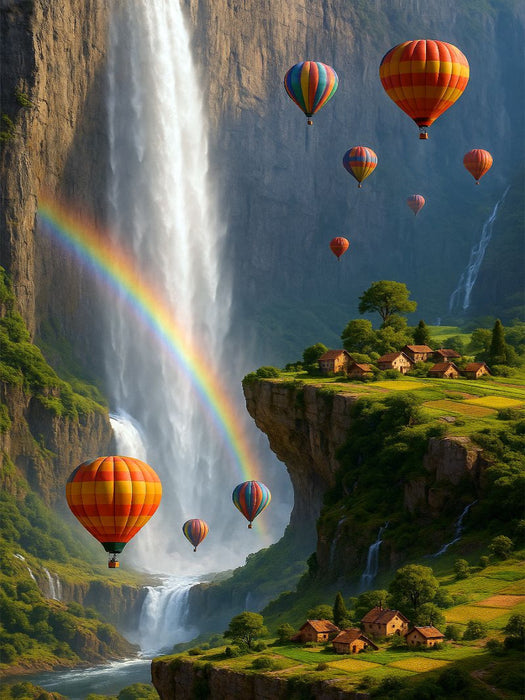 Aufsteigen am Regenbogen entlang - Heißluftballons in surrealer Landschaft - CALVENDO Foto-Puzzle'