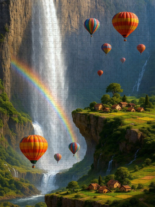Aufsteigen am Regenbogen entlang - Heißluftballons in surrealer Landschaft - CALVENDO Foto-Puzzle'