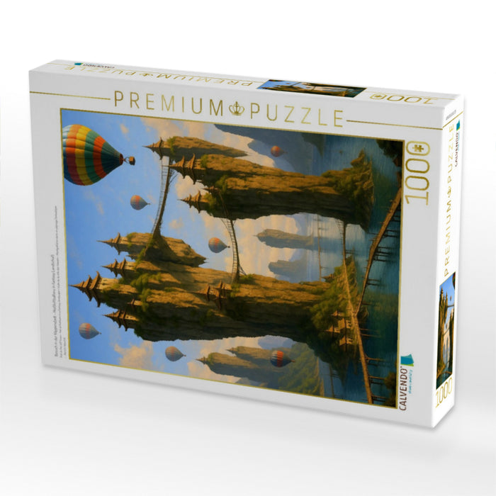 Besuch in der Klippenstadt - Heißluftballons in Fantasy Landschaft - CALVENDO Foto-Puzzle'