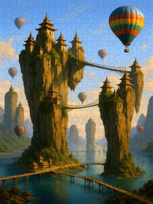 Besuch in der Klippenstadt - Heißluftballons in Fantasy Landschaft - CALVENDO Foto-Puzzle'