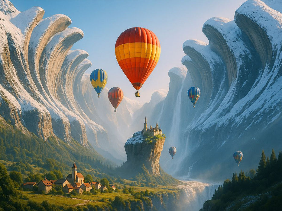 Behütet im unerreichbaren Tal - Heißluftballons in einer surrealen Landschaft - CALVENDO Foto-Puzzle'