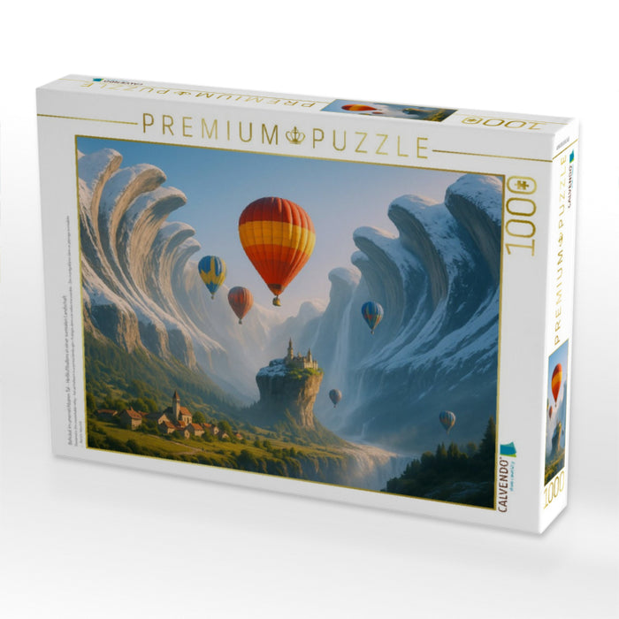 Behütet im unerreichbaren Tal - Heißluftballons in einer surrealen Landschaft - CALVENDO Foto-Puzzle'