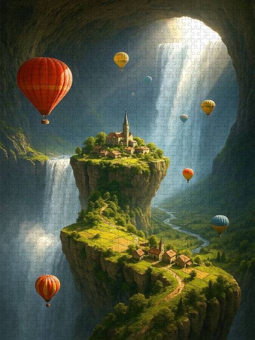 Leben inmitten des Wasserfalls - Heißluftballons in einer surrealen Landschaft - CALVENDO Foto-Puzzle'