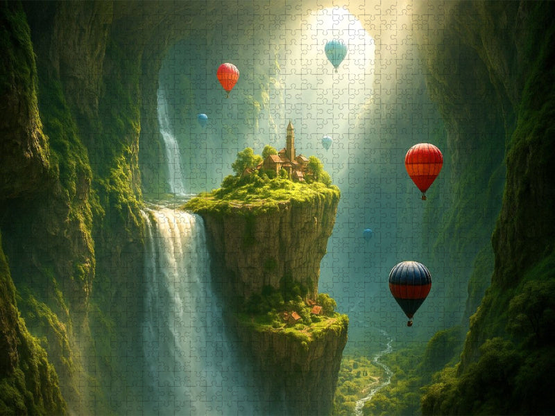 Aufbruch am Wasserfall entlang - Heißluftballons in einer riesigen Höhle - CALVENDO Foto-Puzzle'