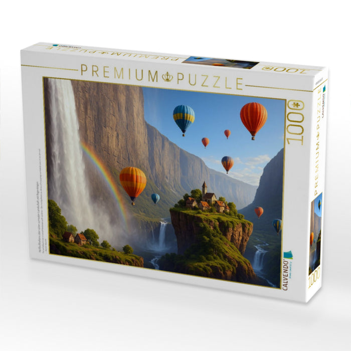 Heißluftballons über einer surrealen Landschaft mit Regenbogen - CALVENDO Foto-Puzzle'