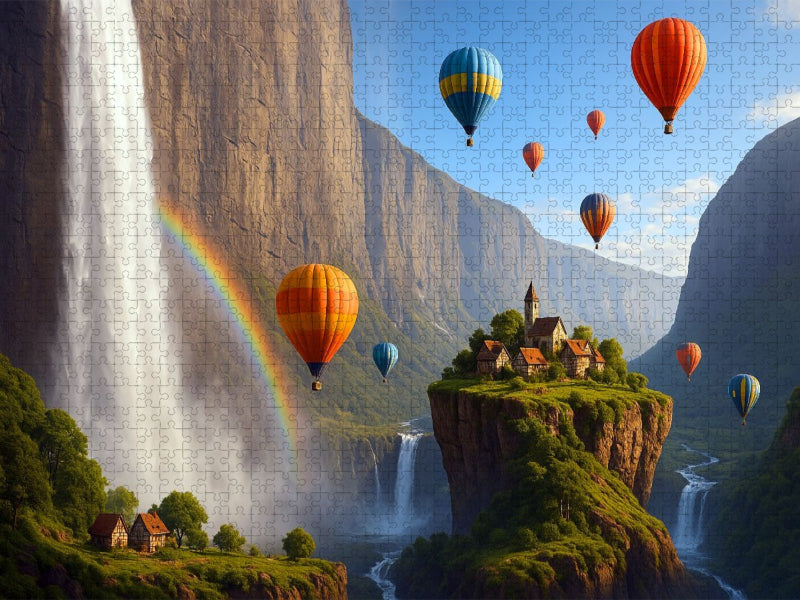 Heißluftballons über einer surrealen Landschaft mit Regenbogen - CALVENDO Foto-Puzzle'