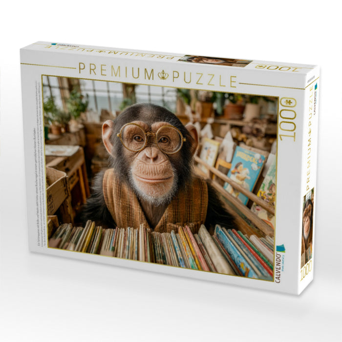 Ein Schimpanse mit Brille und Weste steht hinter einem Bücherregal in einem gemütlichen kleinen Buchladen - CALVENDO Foto-Puzzle'