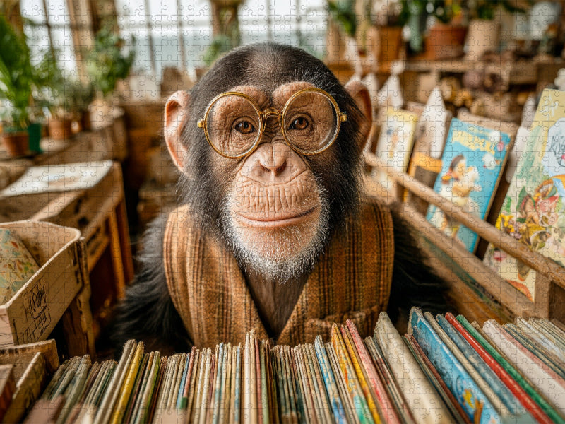 Ein Schimpanse mit Brille und Weste steht hinter einem Bücherregal in einem gemütlichen kleinen Buchladen - CALVENDO Foto-Puzzle'