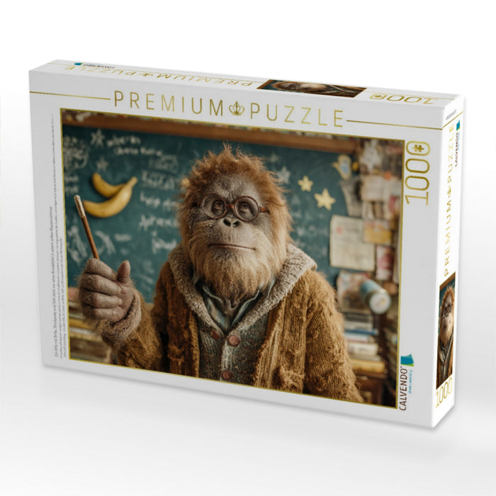 Ein Affe mit Brille, Strickjacke und Stift steht vor einer Kreidetafel in einem vollen Klassenzimmer - CALVENDO Foto-Puzzle'