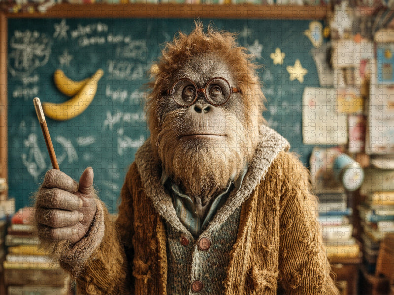 Ein Affe mit Brille, Strickjacke und Stift steht vor einer Kreidetafel in einem vollen Klassenzimmer - CALVENDO Foto-Puzzle'