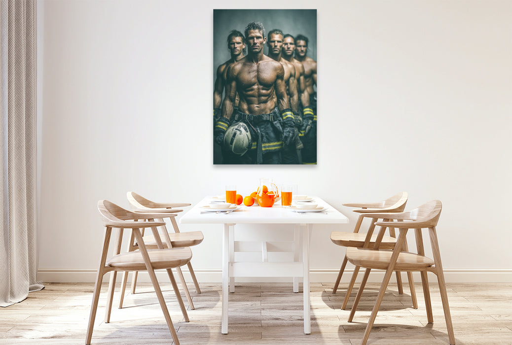 Premium Textil-Leinwand Feuer und Leidenschaft - sexy Feuerwehrmänner im Einsatz