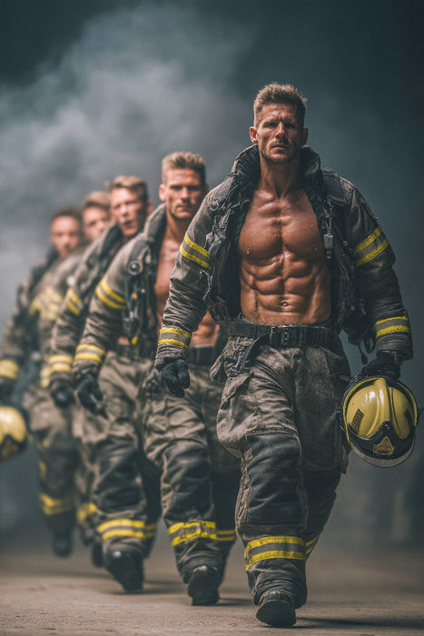 Premium Textil-Leinwand Heißer Einsatz - durchtrainierte Feuerwehrmänner mit nacktem Oberkörper