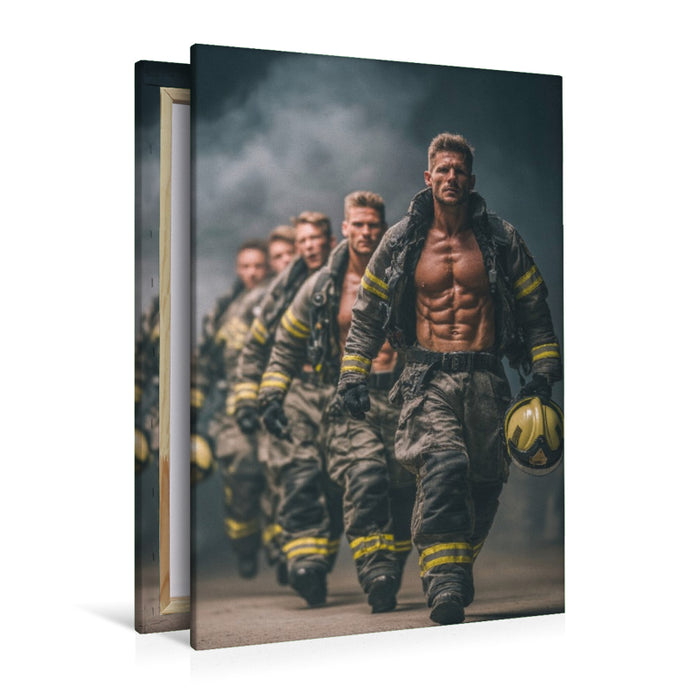 Premium Textil-Leinwand Heißer Einsatz - durchtrainierte Feuerwehrmänner mit nacktem Oberkörper