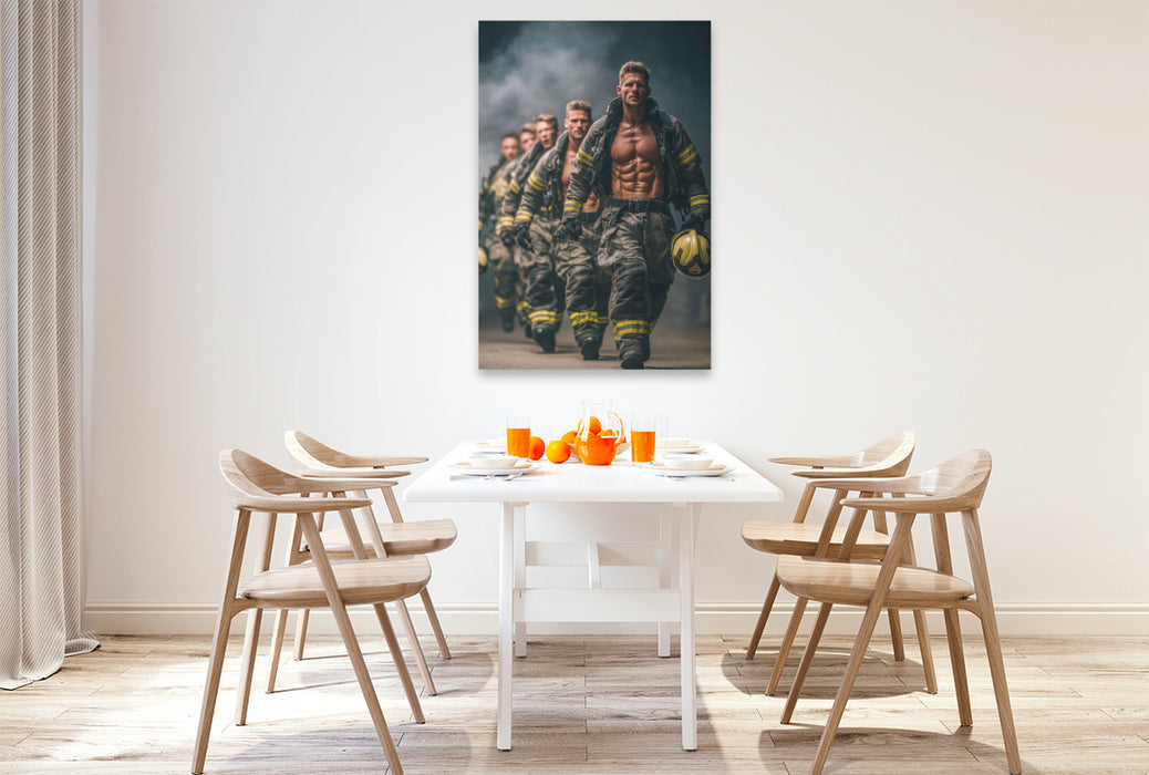 Premium Textil-Leinwand Heißer Einsatz - durchtrainierte Feuerwehrmänner mit nacktem Oberkörper
