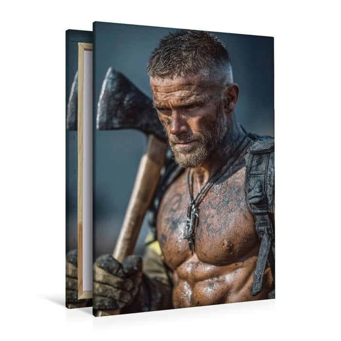 Premium Textil-Leinwand Heißer Feuerwehrmann mit Axt und nacktem Oberkörper
