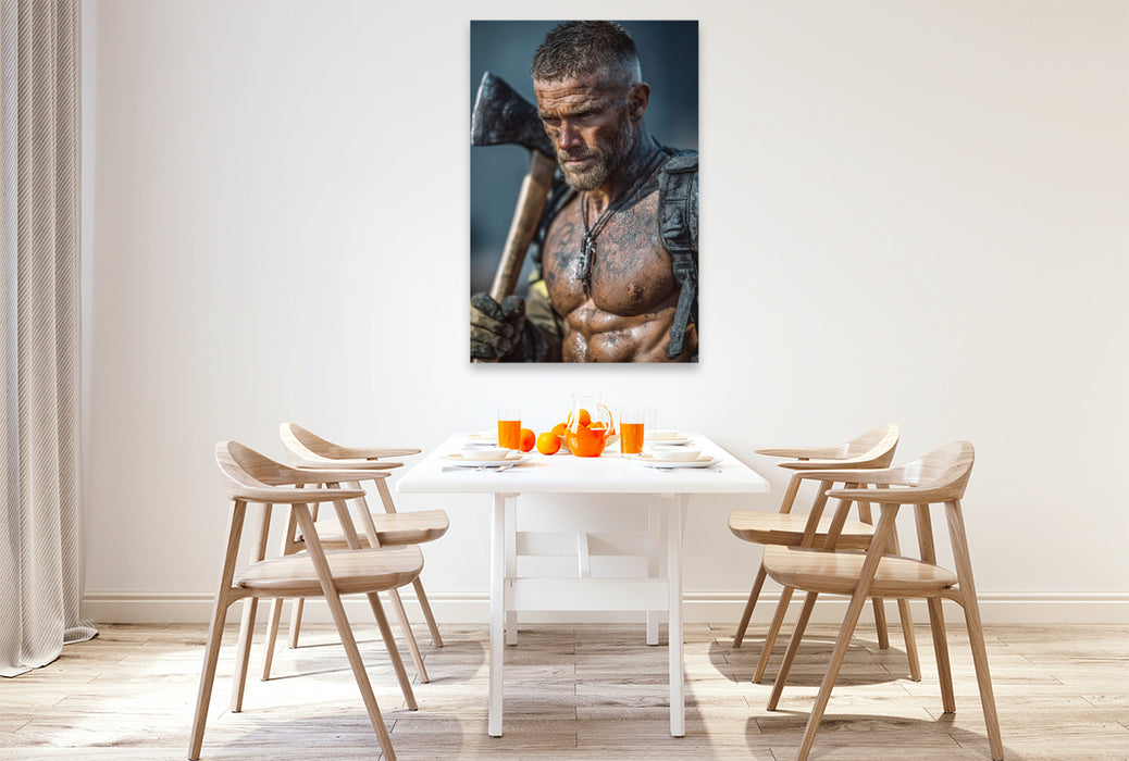 Premium Textil-Leinwand Heißer Feuerwehrmann mit Axt und nacktem Oberkörper