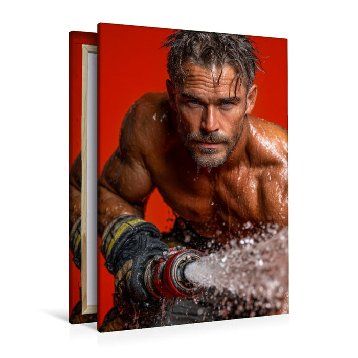 Premium Textil-Leinwand Sexy Feuerwehrmann im Einsatz mit Wasserschlauch