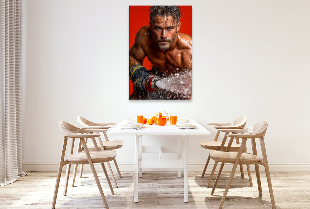 Premium Textil-Leinwand Sexy Feuerwehrmann im Einsatz mit Wasserschlauch