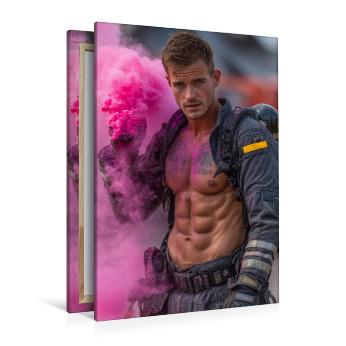 Premium Textil-Leinwand Sexy Feuerwehrmann mit Sixpack im pinken Rauch
