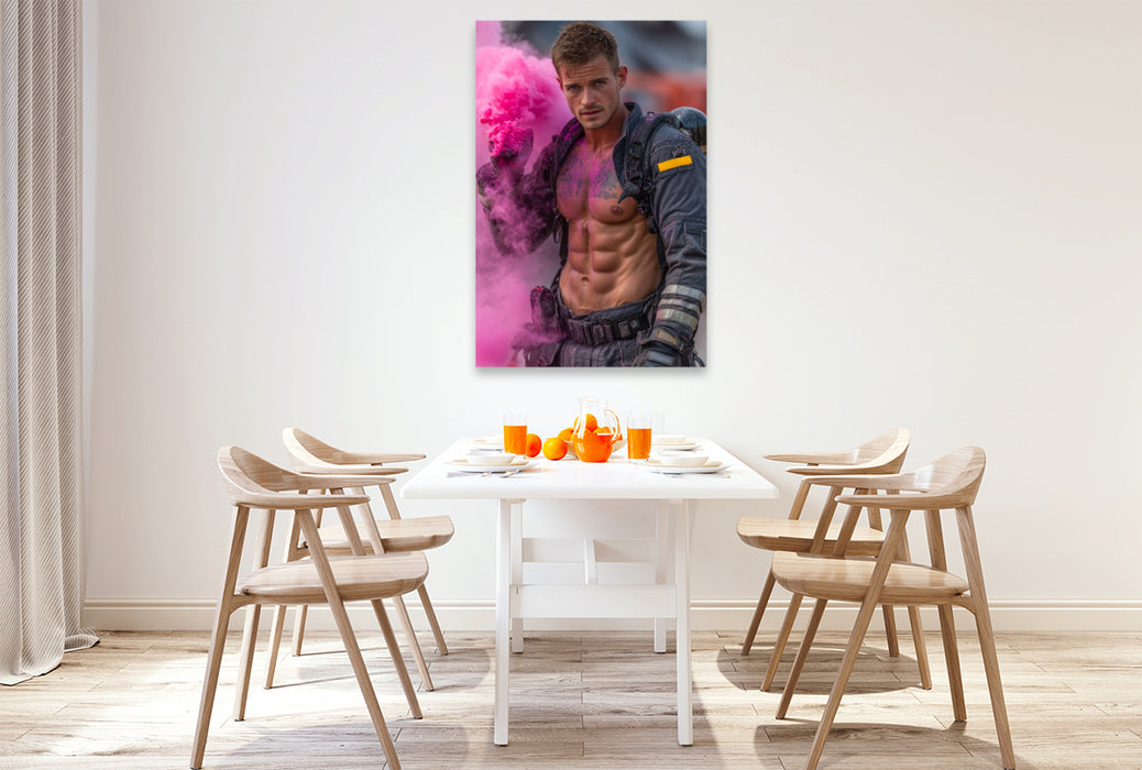 Premium Textil-Leinwand Sexy Feuerwehrmann mit Sixpack im pinken Rauch