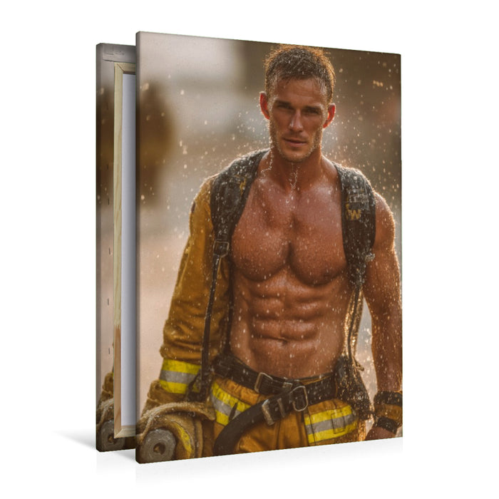 Premium Textil-Leinwand Heißer Feuerwehrmann mit freiem Oberkörper unter Wasserstrahl