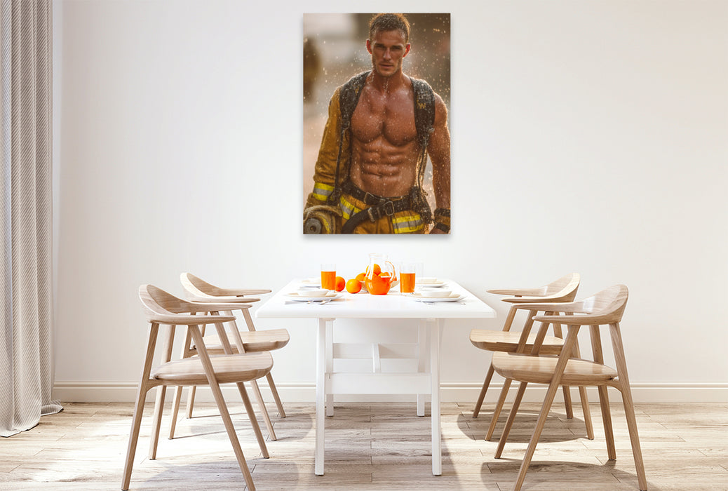 Premium Textil-Leinwand Heißer Feuerwehrmann mit freiem Oberkörper unter Wasserstrahl