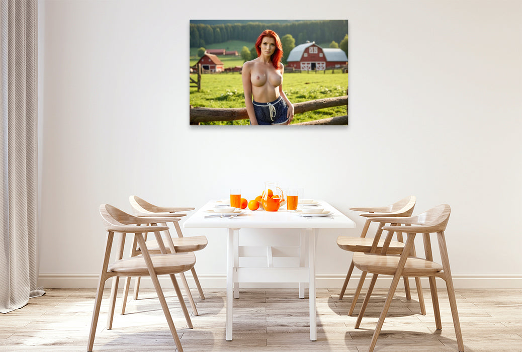 Premium Textil-Leinwand Nackte Frau mit Busen am Bauernhof in ländlicher Idylle