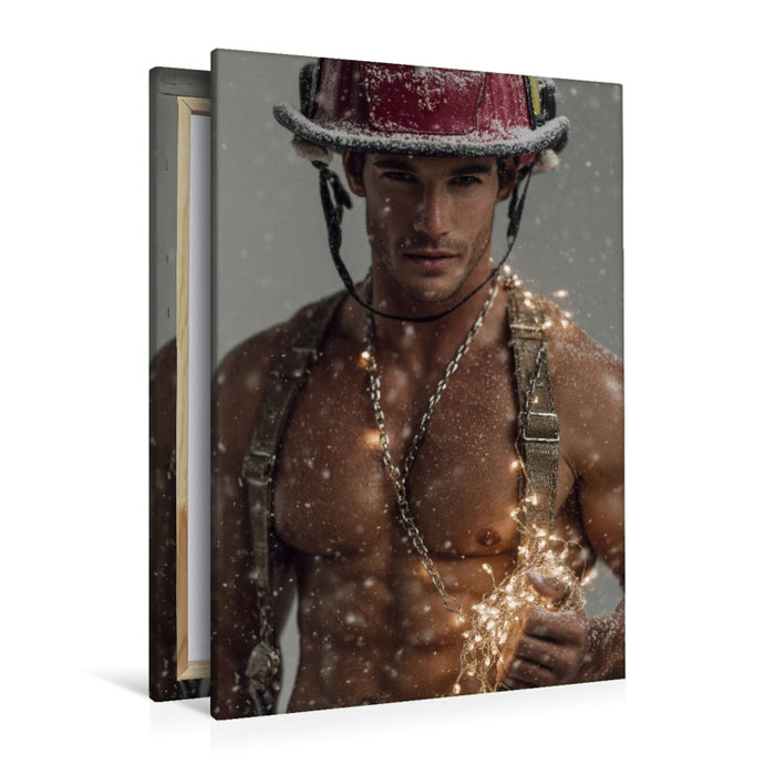 Premium Textil-Leinwand Sexy Feuerwehrmann mit nacktem Oberkörper und Lichterkette