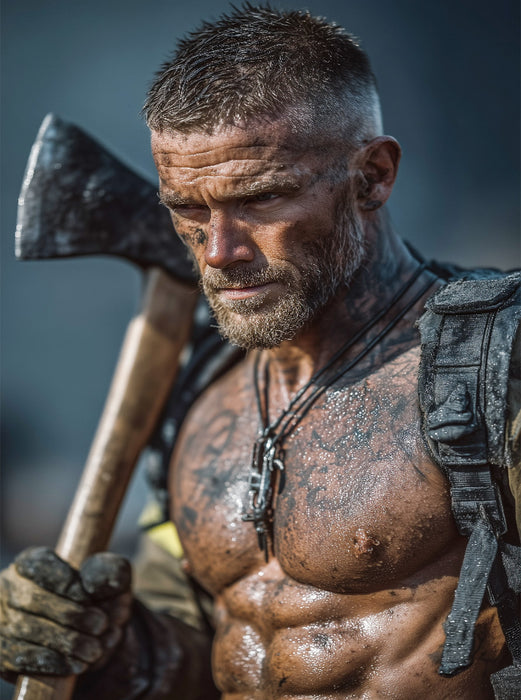 Heißer Feuerwehrmann mit Axt und nacktem Oberkörper - CALVENDO Foto-Puzzle'