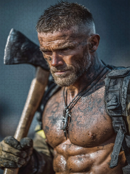 Heißer Feuerwehrmann mit Axt und nacktem Oberkörper - CALVENDO Foto-Puzzle'