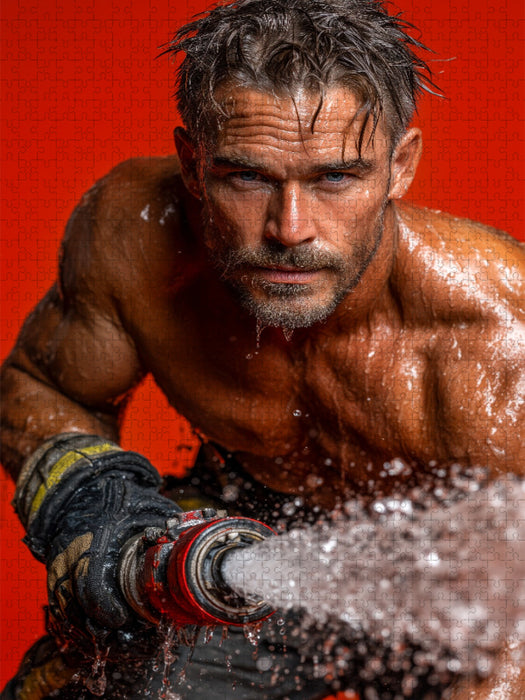Sexy Feuerwehrmann im Einsatz mit Wasserschlauch - CALVENDO Foto-Puzzle'