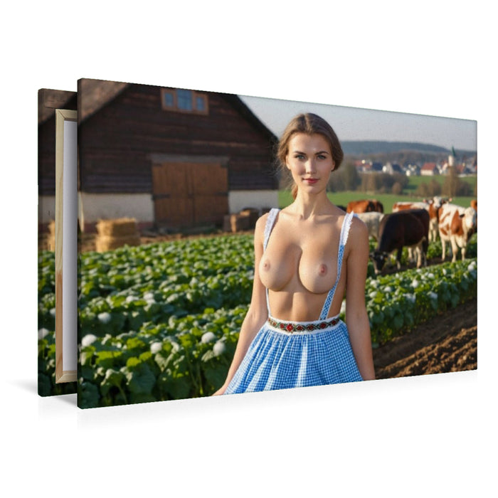 Premium Textil-Leinwand Barbusige Bäuerin im Dirndl auf Bauernhof mit Kühen