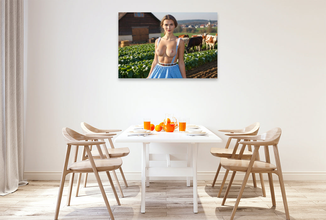 Premium Textil-Leinwand Barbusige Bäuerin im Dirndl auf Bauernhof mit Kühen
