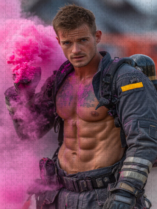 Sexy Feuerwehrmann mit Sixpack im pinken Rauch - CALVENDO Foto-Puzzle'