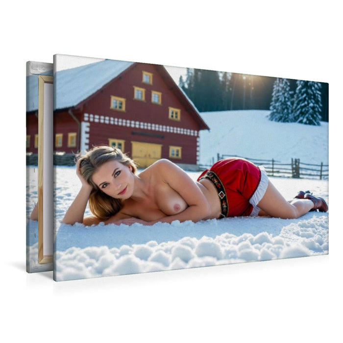 Premium Textil-Leinwand Sexy nackte Bäuerin mit Brüsten im Schnee vor Bauernhaus