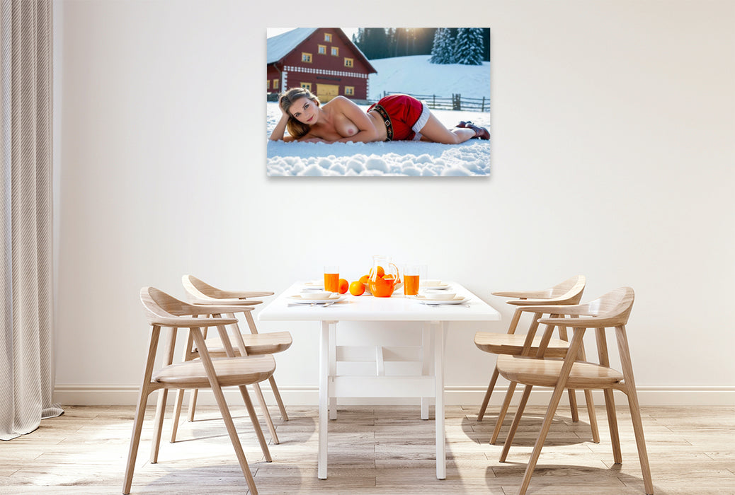 Premium Textil-Leinwand Sexy nackte Bäuerin mit Brüsten im Schnee vor Bauernhaus
