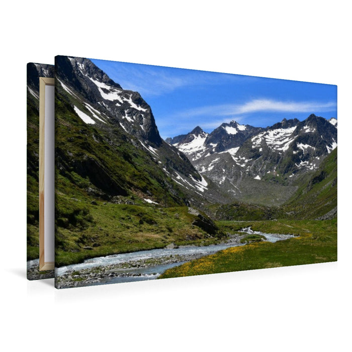 Premium Textil-Leinwand Schöne Landschaft mit Bergen oberhalb der Franz-Senn-Hütte im Stubaital