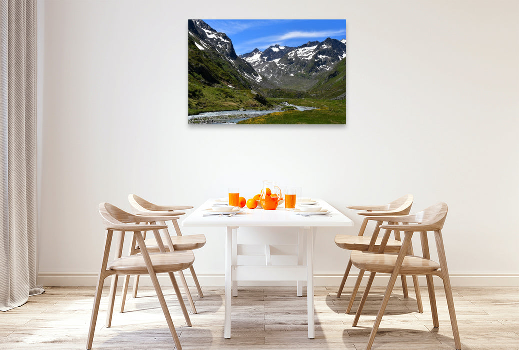 Premium Textil-Leinwand Schöne Landschaft mit Bergen oberhalb der Franz-Senn-Hütte im Stubaital