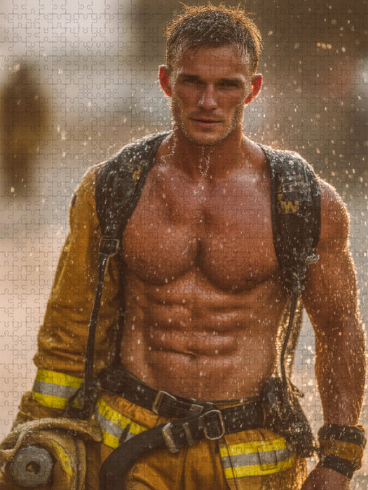 Heißer Feuerwehrmann mit freiem Oberkörper unter Wasserstrahl - CALVENDO Foto-Puzzle'