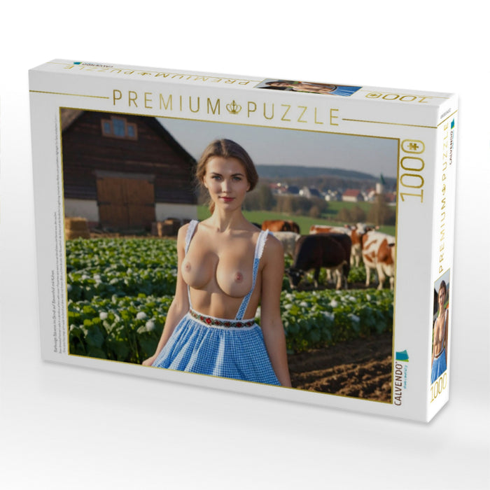 Barbusige Bäuerin im Dirndl auf Bauernhof mit Kühen - CALVENDO Foto-Puzzle'