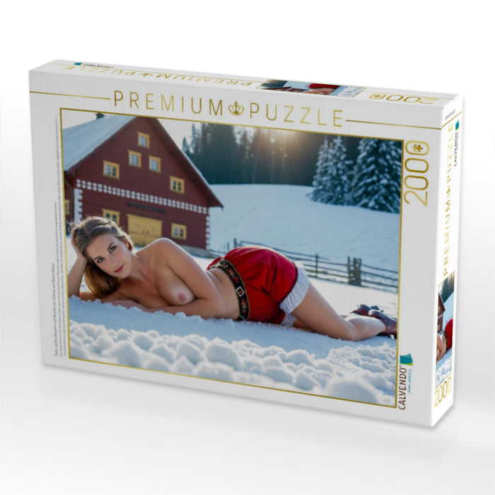 Sexy nackte Bäuerin mit Brüsten im Schnee vor Bauernhaus - CALVENDO Foto-Puzzle'