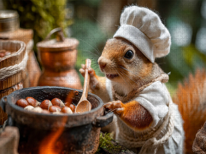 Eichhörnchen als Koch im Wald am Feuer - CALVENDO Foto-Puzzle'