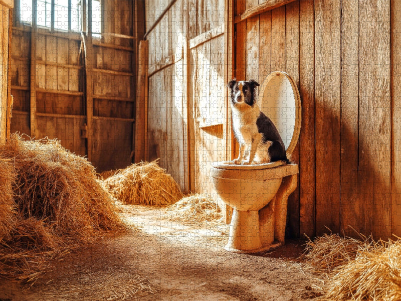 Kackender Hund im Stall - Lustiger Aussie auf dem stillen Örtchen - CALVENDO Foto-Puzzle'